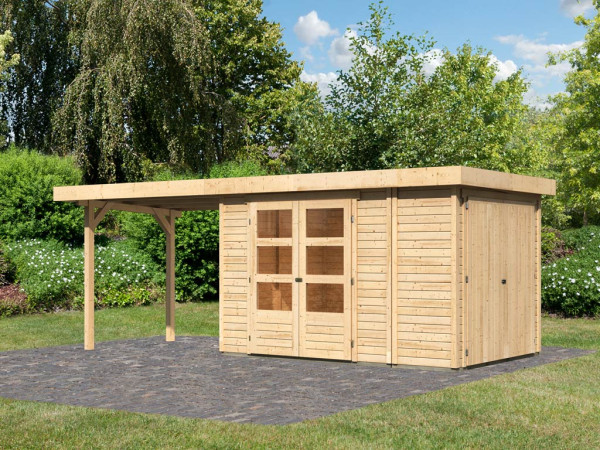 berging SET Retola 3 19 mm natuurlijke afwerking, incl. 2,8 m aanbouwdak + aanbouwkast