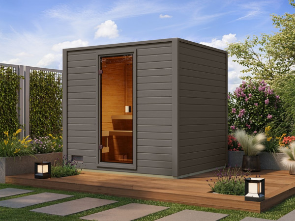Tuinsauna Lenchen 3 terragrijs met gebronsde volledig glazen deur