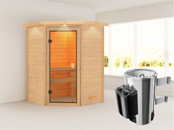 Sauna Antonia met gebronsde glazen deur en dakkraag + 3,6 kW Plug & Play saunakachel int. besturing