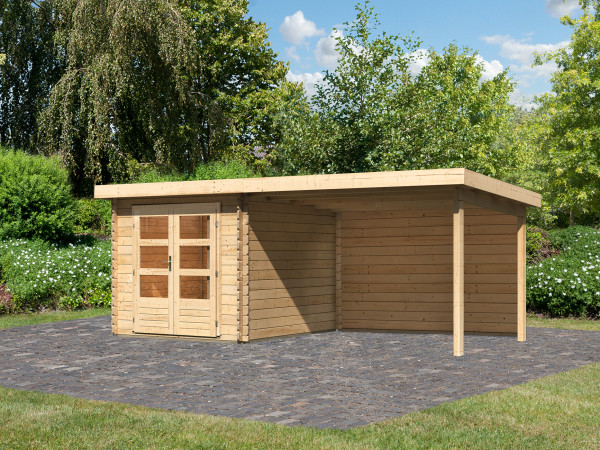 berging blokhut SET Bastrup 4 28 mm natuurlijke afwerking, incl. 3 m verlenging dak + achterwand