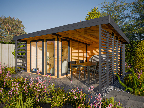 Tuinhuis Homeoffice Arvo 28 mm eiken-antraciet met aanbouw 250 cm