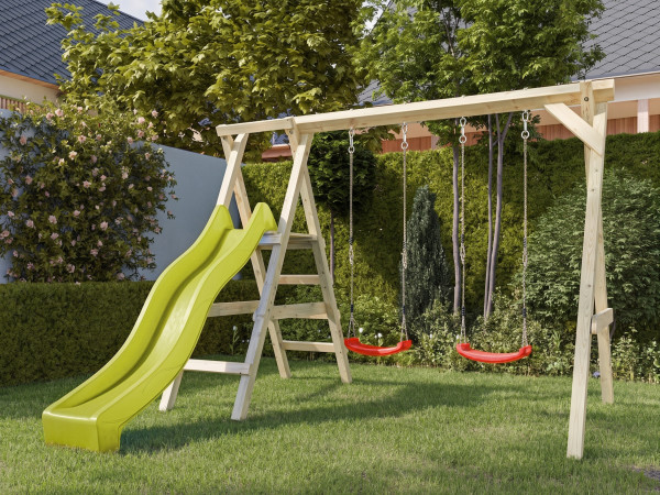 Dubbele schommel met platform Cosy Double KDI incl. glijbaan geel + 2 schommelzitjes rood