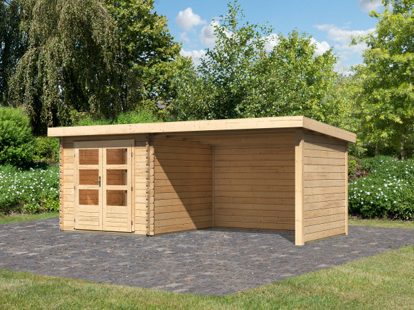 Blokhut tuinhuis SET Bastrup 4 28mm natuurlijke afwerking, incl. 3 m lessenaarsdak + zij--achterwand