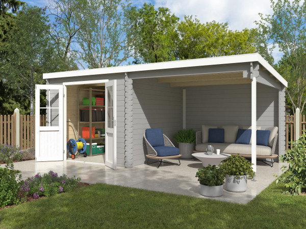 Tuinhuis blokhut Orlando exclusief 28 mm lichtgrijs met 3 m aanbouw