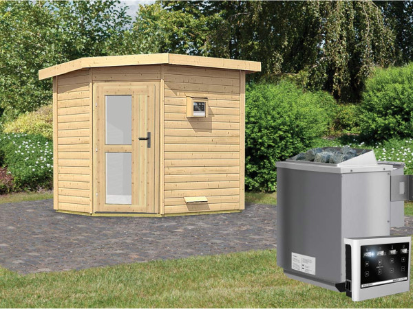 Saunahuis Mikka met matglazen deur, incl. 9 kW Bio-Combi-kachel met ext. besturing