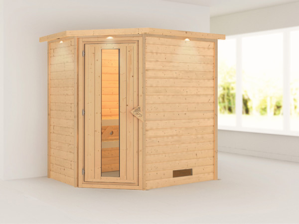 Massieve sauna Svea met dakkraag, houten deur met geïsoleerd glas
