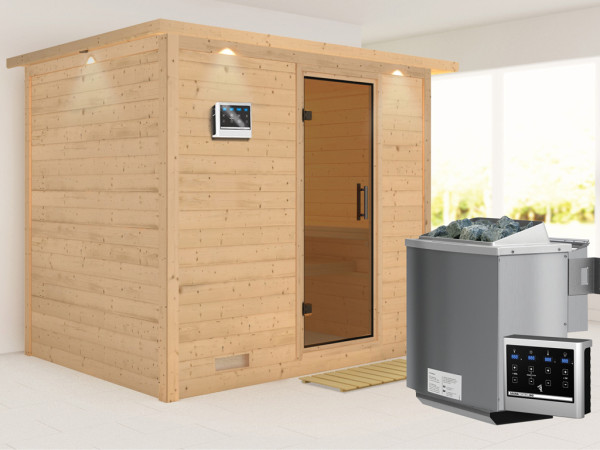 Massieve sauna Sonara met dakkraag, grafiet glazen deur, incl. 9 kW Bio-Combi-kachel ext. besturing