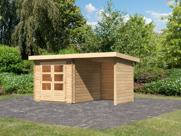 Blokhut berging SET Bastrup 4 28 mm natuurlijke afwerking, incl. 2 m aanbouwdak + zij--achterwand