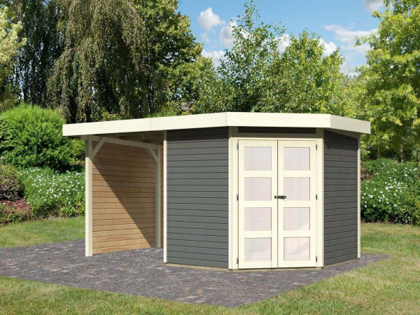 Tuinhuis SET Goldendorf 5 ECO 19 mm terra grijs, incl. 2,4 m aanbouwdak + zij- en achterwand