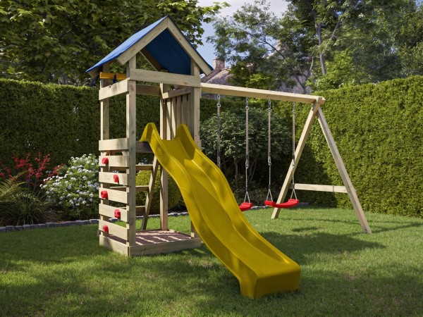 Geïmpregneerde houten speeltoren Easy incl. dubbele schommel incl. gele glijbaan + rode schommelzitj