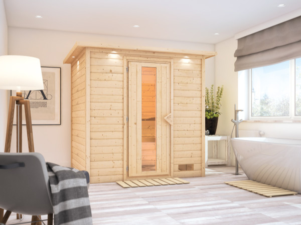 Massieve sauna Anja met dakkraag, houten deur met geïsoleerd glas
