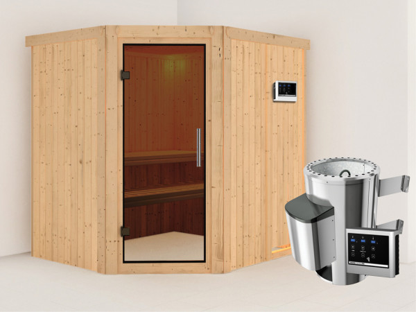 Systeemsauna Lilja grafiet glazen deur + Plug & Play saunakachel met ext. besturing