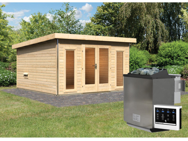 Saunahuis Mainburg 3 blank hout 38 mm incl. Bio-Combi-kachel 9 kW + ext. besturing