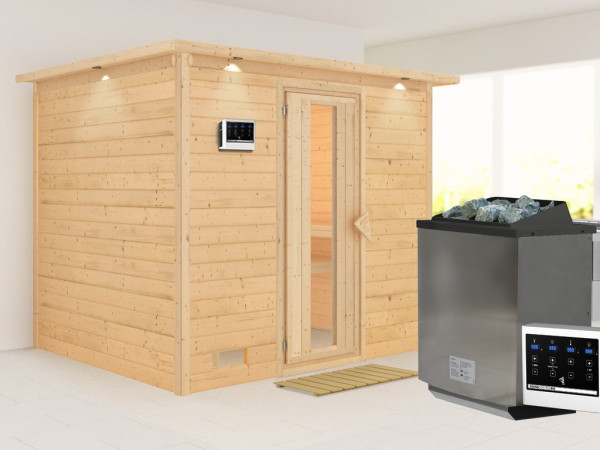 Massieve sauna Sonara met dakkraag houten deur met geïsoleerd glas incl. 9 kW Bio-kachel