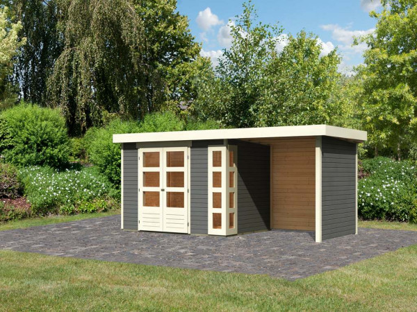 Tuinhuisje SET Kerko 4 19 mm terra grijs, incl. 2,4 m aangebouwd dak + zij- en achterwand