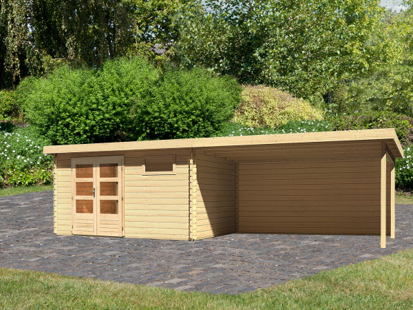 Tuinberging Blokhut SET Bastrup 8 28 mm natuurlijke afwerking, incl. 4 m aanbouwdak + achterwand