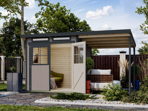 Tuinhuis "Glücksberg 4" 19 mm wassergrau met 190 cm aanbouwdak