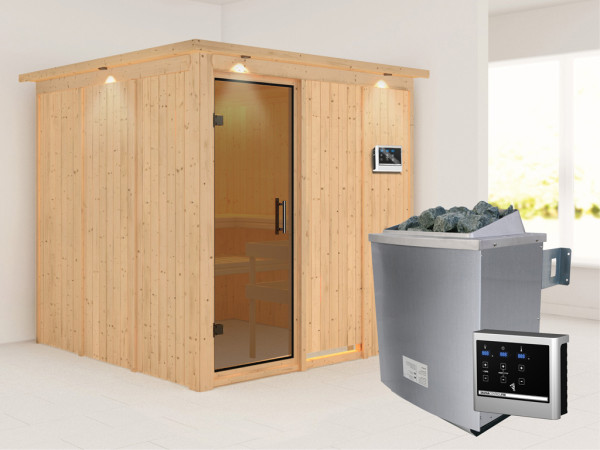 Systeemsauna Rodin met dakkraag, grafiet glazen deur, incl. 9 kW saunakachel ext. besturing