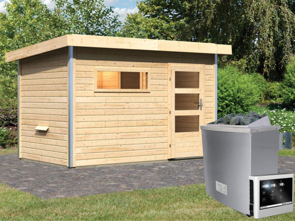 Saunahuis Skrollan 1 met transparente glazen deur & voorkamer, incl. 9kW saunakachel ext. besturing
