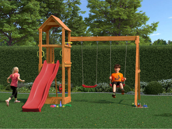 Speeltoren Flappi teak-kleurig incl. dubbele schommel + glijbaan