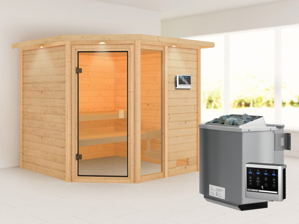 Sauna Tabea met gebronsde glazen deur en dakkraag + 9 kW Bio-Combi-kachel ext. besturing