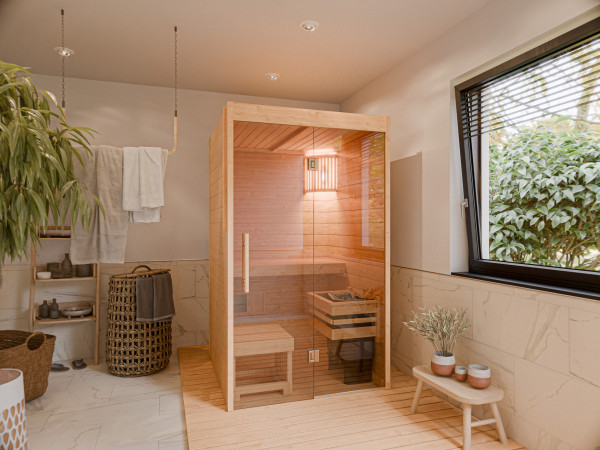 Massief houten sauna Nova Lite met glazen front