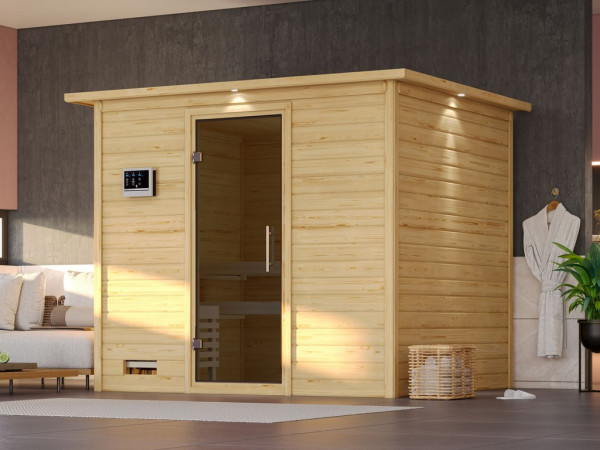 Massieve sauna Sonara met dakkraag, grafiet glazen deur, incl. 9 kW Bio-Combi-kachel ext. besturing
