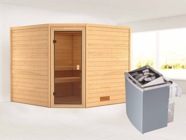 Massieve sauna Leona kompleet transparente gebronsde glazen deur + 9 kW saunakachel met besturing