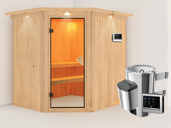 Systeemsauna Lilja met dakkraag, incl. Plug & Play saunakachel externe besturing