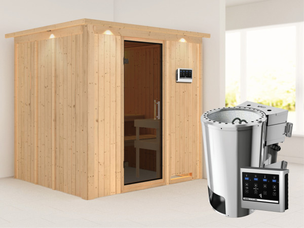 Systeemsauna Daria met dakkraag, grafiet glazen deur + Plug & Play Bio-kachel met ext. besturing