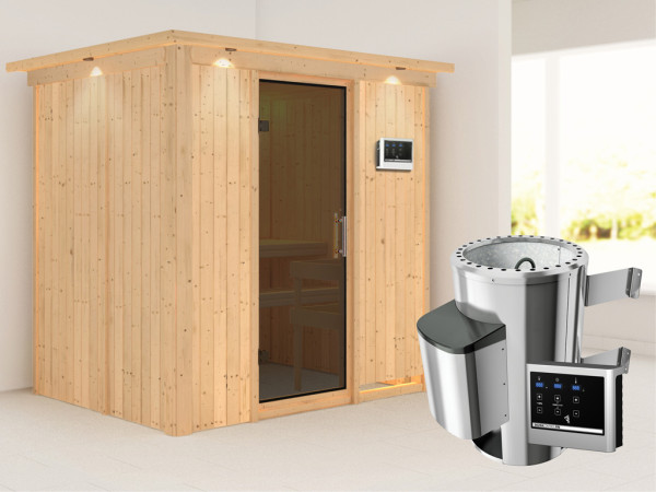 Systeemsauna Fanja met dakkraag, grafiet glazen deur + Plug & Play saunakachel met ext. besturing