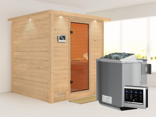 Massieve sauna Mojave met dakkraag, kompleet transparente gebronsde glazen deur, incl.9kW Bio-kachel