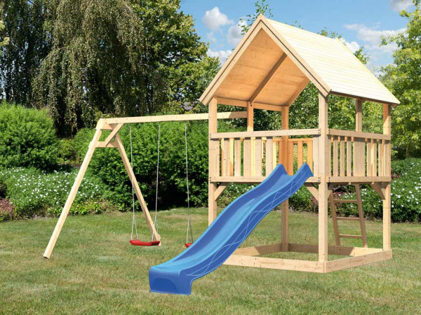 Speeltorenset Luis naturel incl. glijbaan blauw en dubbele schommel