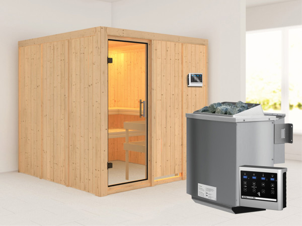 Systeemsauna Rodin transparent glazen deur + 9 kW Bio-Combi-kachel met ext. besturing