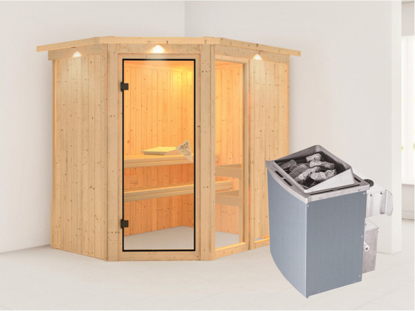 Systeemsauna Fiona 1 met dakkraag, incl. 9 kW saunakachel int. besturing