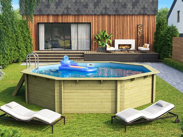 Voordeelset houten opzetzwembad model 3 van geïmpregneerd hout 38 mm met terras en accessoires