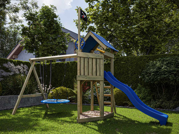 Geïmpregneerde houten speeltoren Pirat Captain Jolly met dubbele schommel, blauwe glijbaan incl. nes