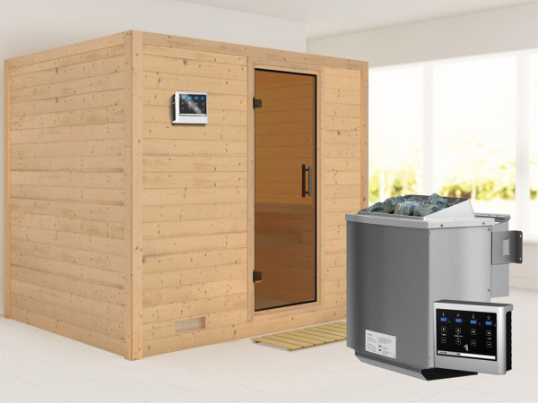 Massieve sauna Sonara grafiet glazen deur, incl. 9 kW Bio-Combi-kachel ext. besturing