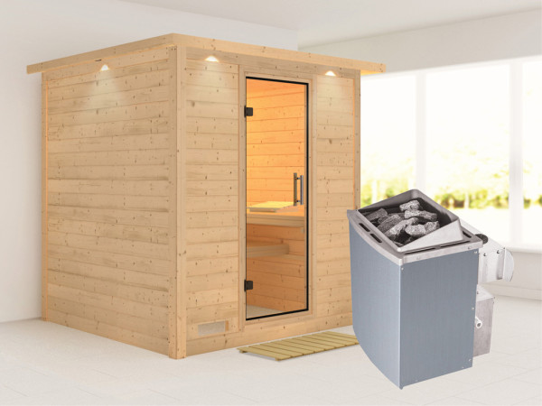 Massieve sauna Mojave met dakkraag, transparent glazen deur + 9 kW saunakachel met besturing