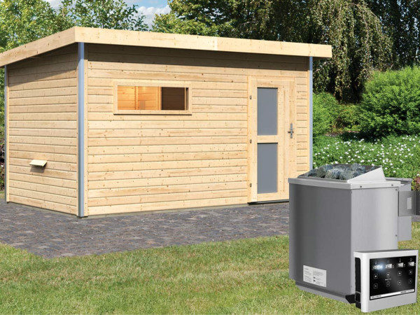 Saunahuis Skrollan 3 met matglazen deur & voorkamer, incl. 9 kW Bio-Combi-kachel met ext. besturing