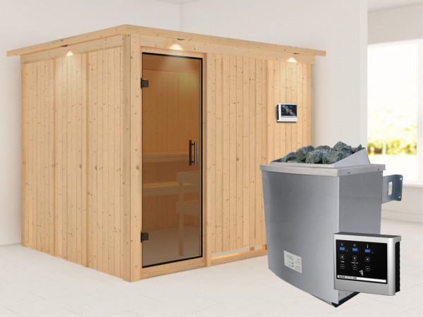 Systeemsauna Gobin met dakkraag, grafiet glazen deur, incl. 9 kW saunakachel ext. besturing