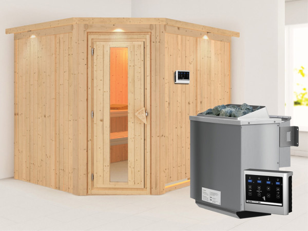 Systeemsauna Malin met dakkraag, houten deur met geïsoleerd glas, incl. 9kW Bio-Combi-kachel