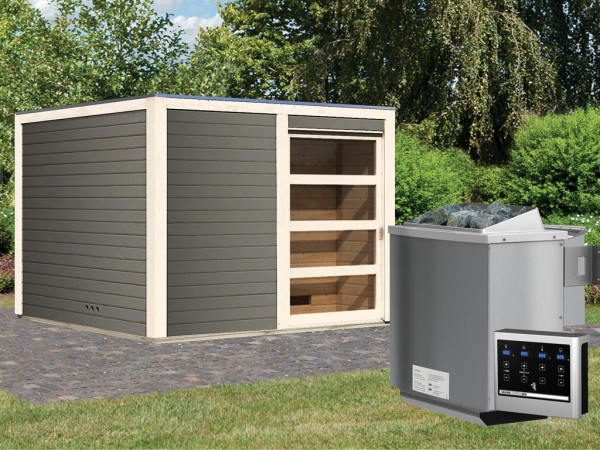 Saunahuis Cuben 38 mm terragrijs incl. 9 kW Bio-Combi-kachel ext. besturing