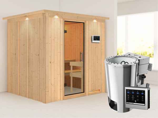 Systeemsauna Daria met dakkraag, transparent glazen deur + Plug & Play Bio-kachel met ext. besturing