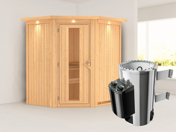 Systeemsauna Tonja met dakkraag, energiebesparende deur + Plug & Play saunakachel met besturing