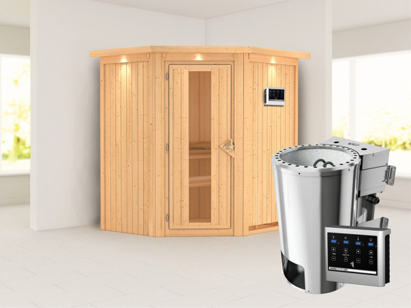 Systeemsauna Tonja met dakkraag, energiebesparende deur + Plug & Play Bio-kachel met ext. besturing