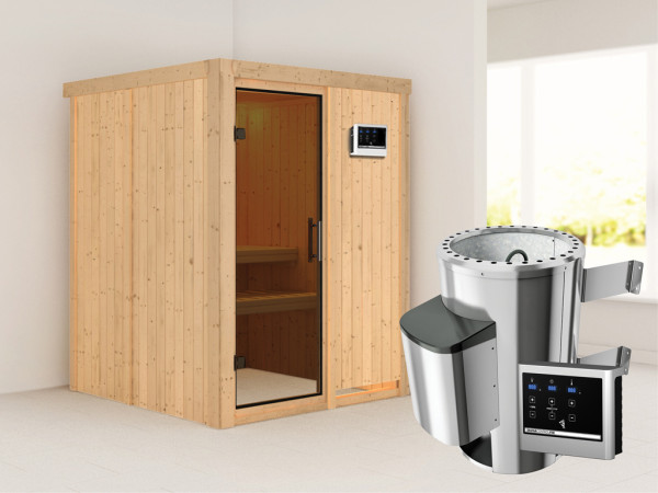 Systeemsauna Minja grafiet glazen deur + Plug & Play saunakachel met ext. besturing