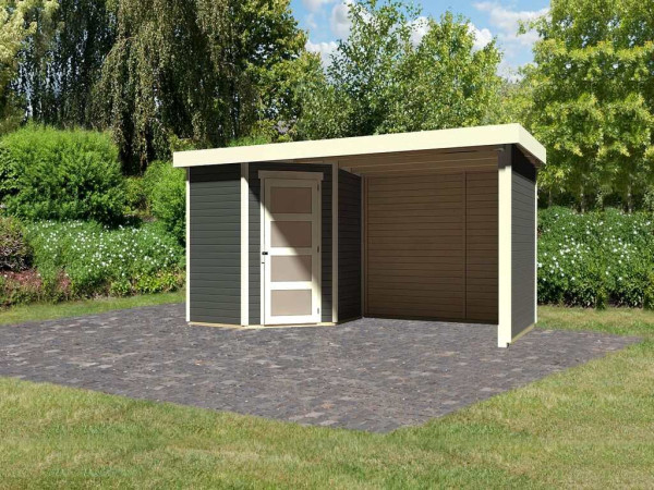 Tuinhuisje SET Schwandorf 3 19 mm terra grijs, incl. 2,8 m aanbouwdak + zij- en achterwand