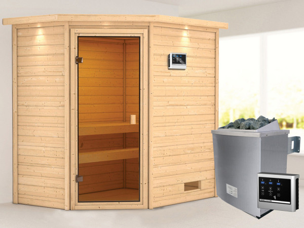 Massieve sauna Jella met dakkraag, incl. 4,5 kW kachel met ext. besturing