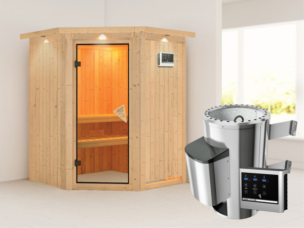 Systeemsauna Nanja met dakkraag, incl. Plug & Play saunakachel externe besturing